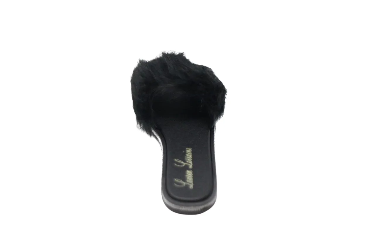 FLUFFY FAUX FUR SLIPPER FLAT WITH SILKY FABRIC