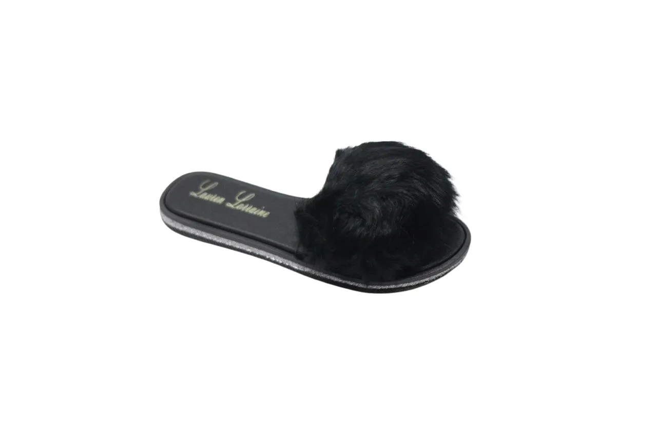 FLUFFY FAUX FUR SLIPPER FLAT WITH SILKY FABRIC