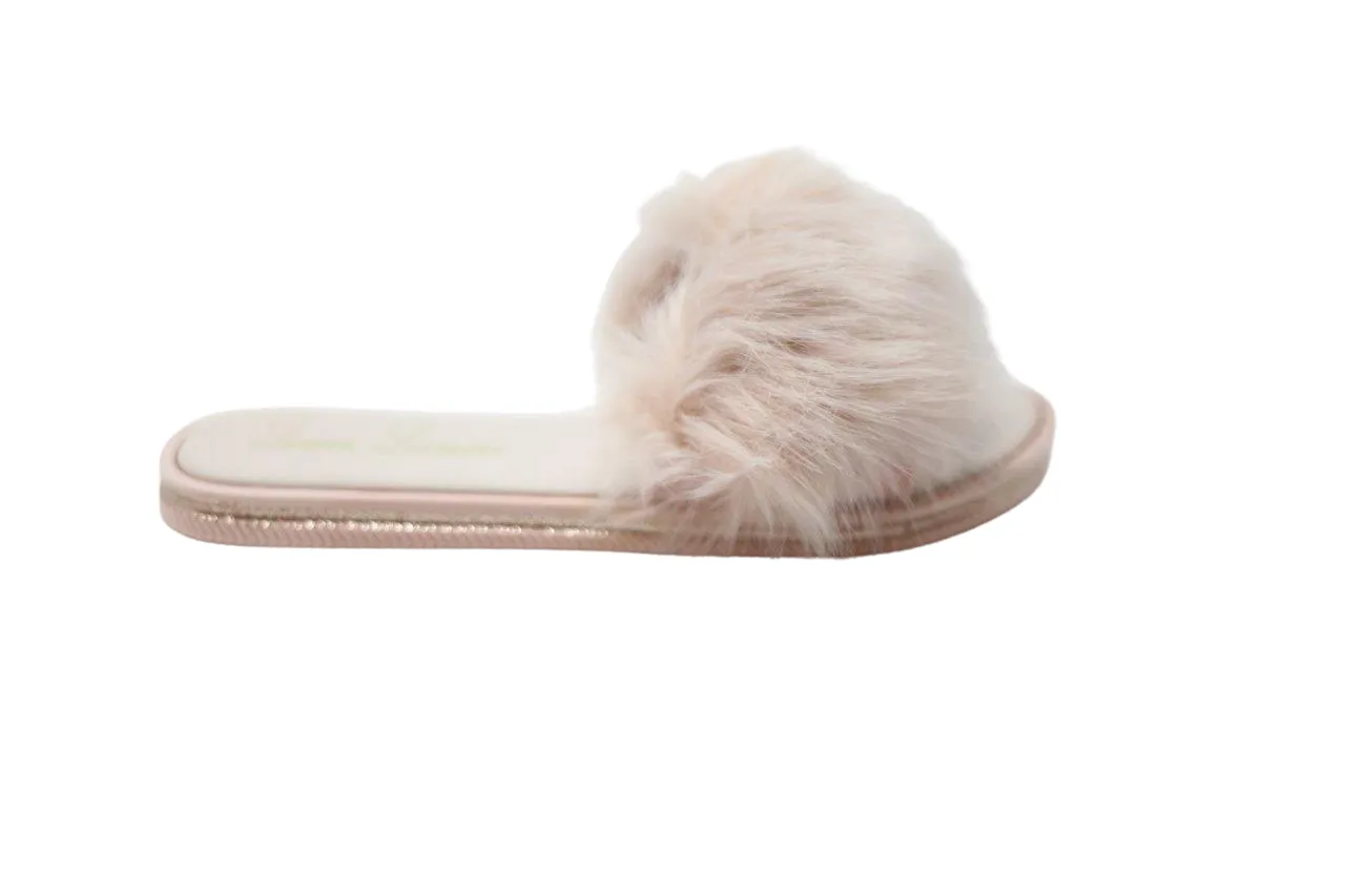 FLUFFY FAUX FUR SLIPPER FLAT WITH SILKY FABRIC