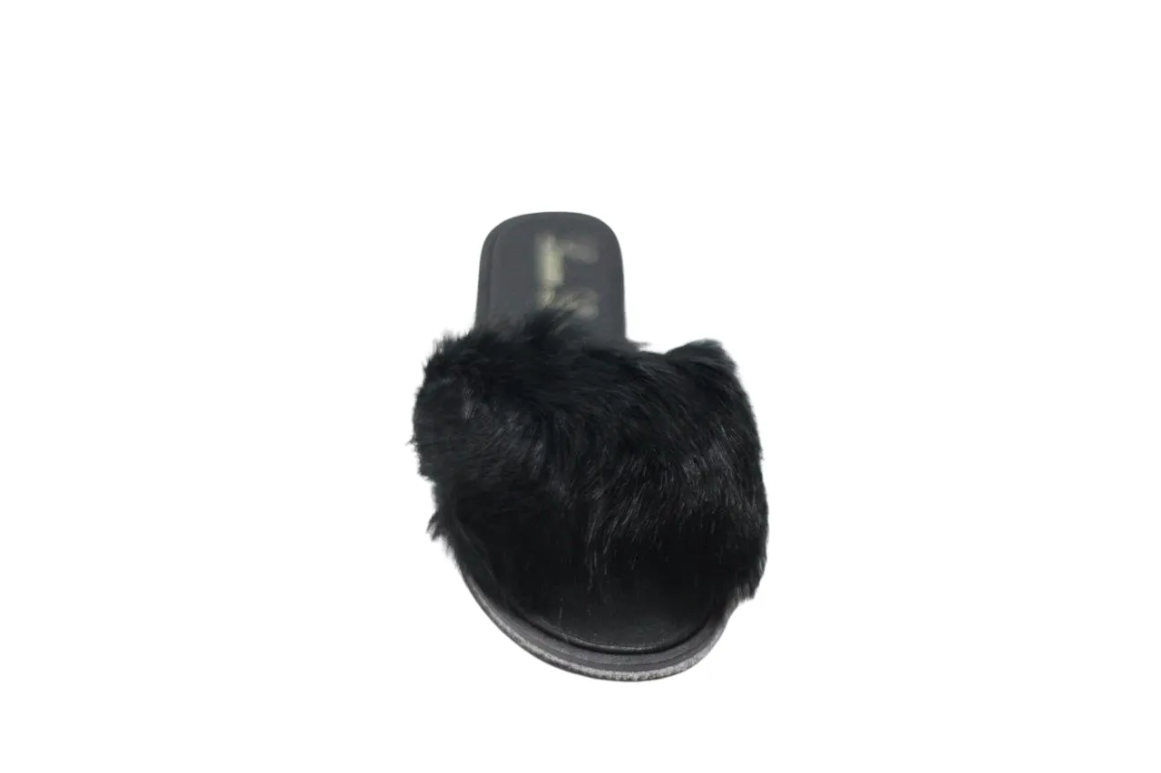 FLUFFY FAUX FUR SLIPPER FLAT WITH SILKY FABRIC
