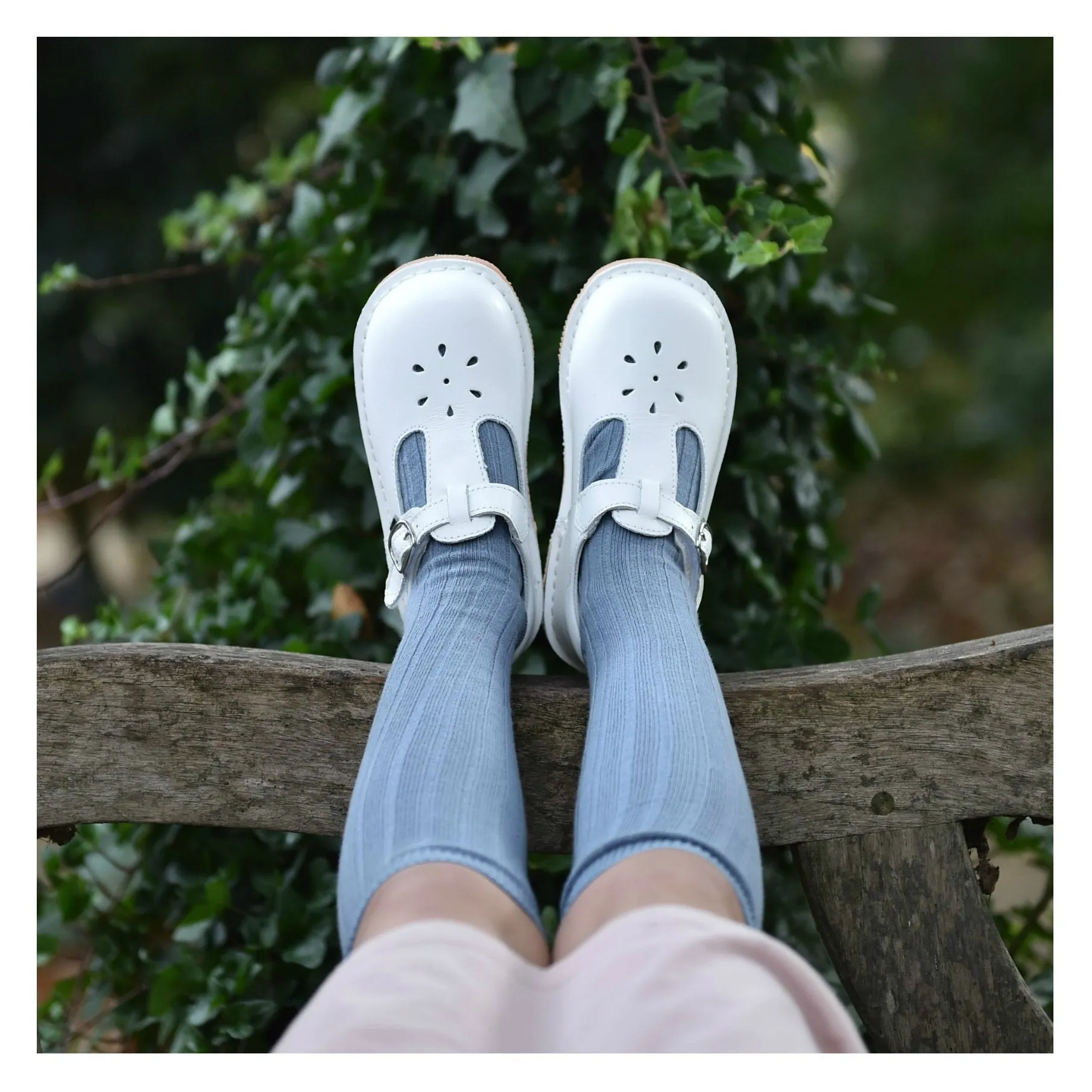 L'amour Joy Classic Leather Stitch Down T-Strap Mary Jane - White