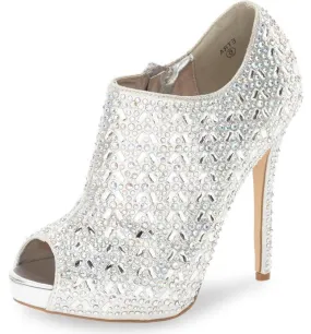 Lauren Lorraine Etra Peep Open Toe Bootie Silver Rhinestone Crystal Pumps