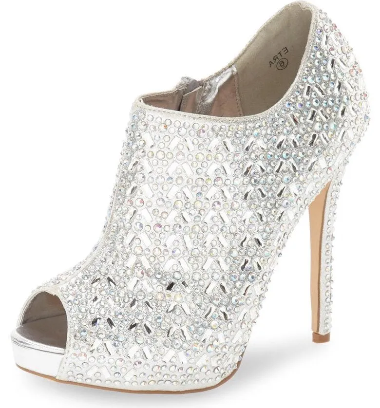 Lauren Lorraine Etra Peep Open Toe Bootie Silver Rhinestone Crystal Pumps