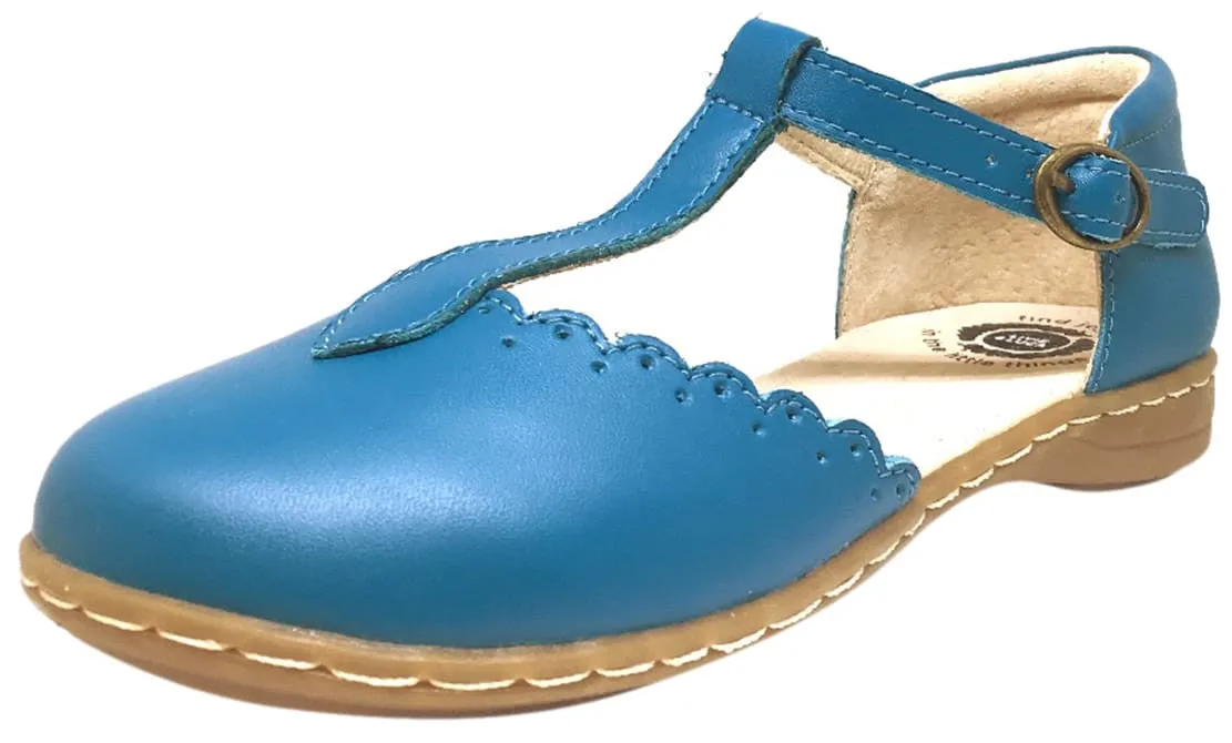 Livie & Luca Girl's Azure Blue Fresca Scalloped Leather Trim T-Strap Adjustable Buckle Mary Jane Flat Shoe