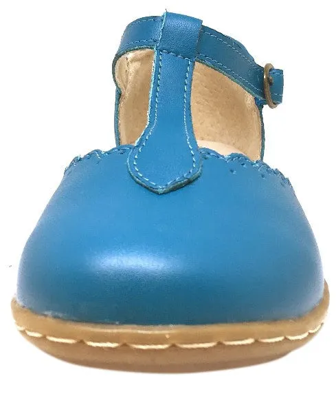 Livie & Luca Girl's Azure Blue Fresca Scalloped Leather Trim T-Strap Adjustable Buckle Mary Jane Flat Shoe