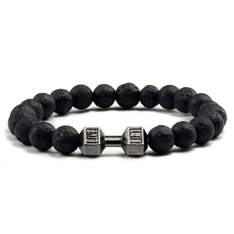 Natural Volcanic Stone Bracelet Men Matte Black Lava White Beads Fitness Jewelry