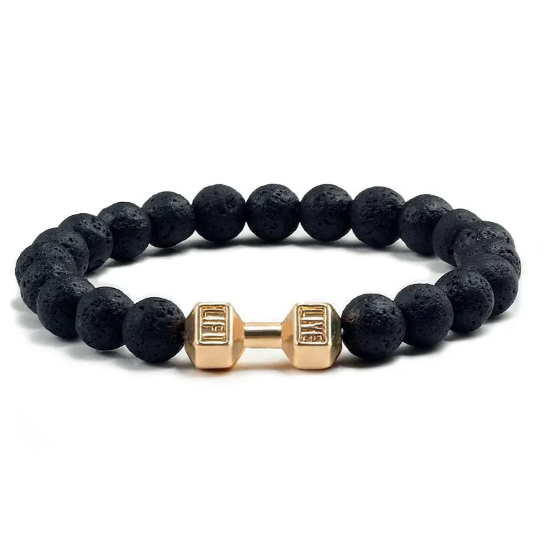 Natural Volcanic Stone Bracelet Men Matte Black Lava White Beads Fitness Jewelry