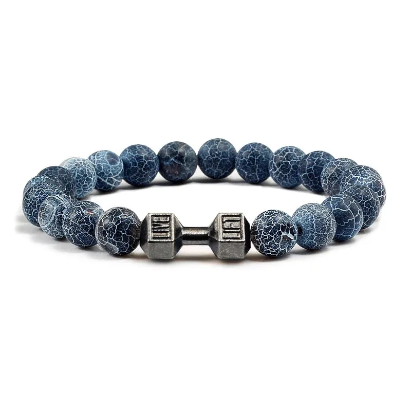 Natural Volcanic Stone Bracelet Men Matte Black Lava White Beads Fitness Jewelry