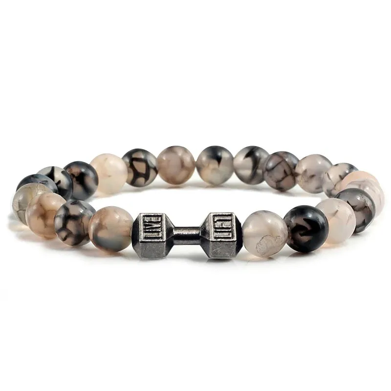 Natural Volcanic Stone Bracelet Men Matte Black Lava White Beads Fitness Jewelry