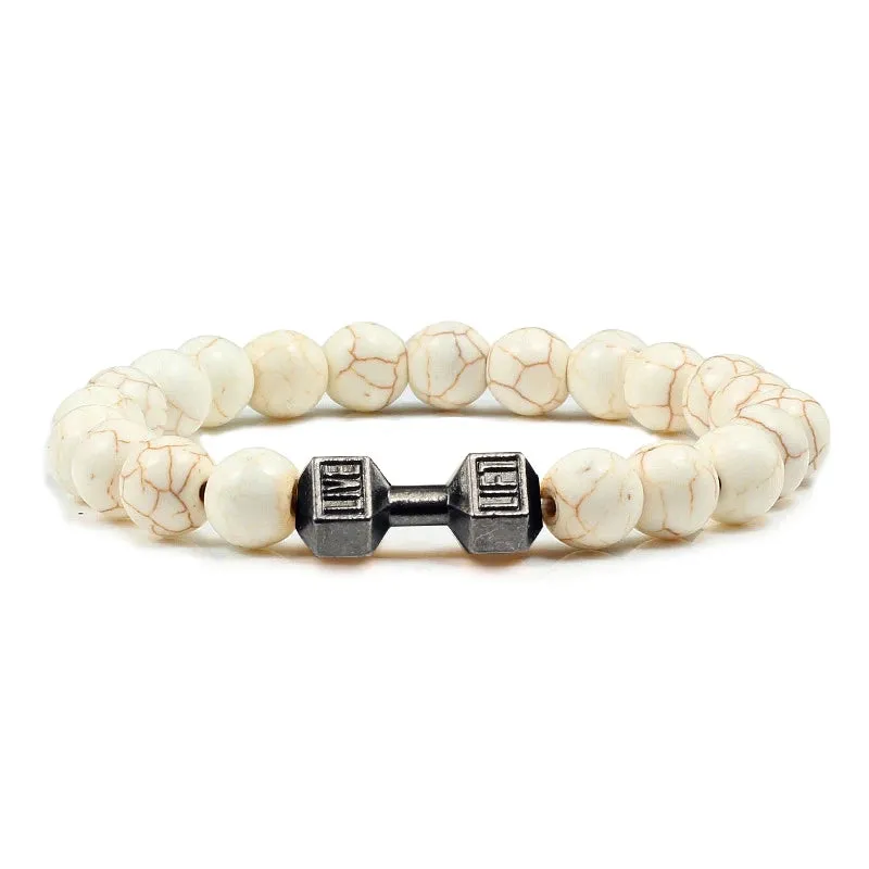 Natural Volcanic Stone Bracelet Men Matte Black Lava White Beads Fitness Jewelry
