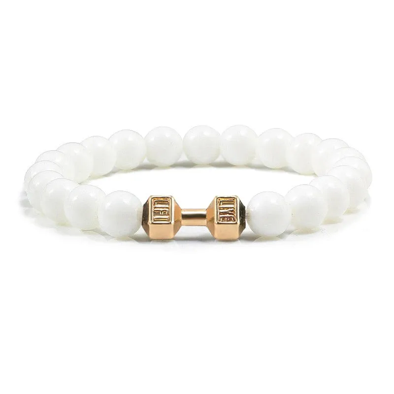 Natural Volcanic Stone Bracelet Men Matte Black Lava White Beads Fitness Jewelry