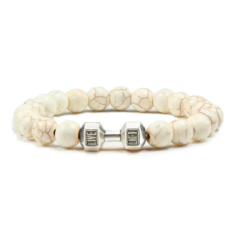 Natural Volcanic Stone Bracelet Men Matte Black Lava White Beads Fitness Jewelry