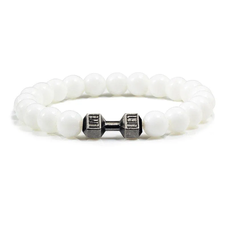 Natural Volcanic Stone Bracelet Men Matte Black Lava White Beads Fitness Jewelry
