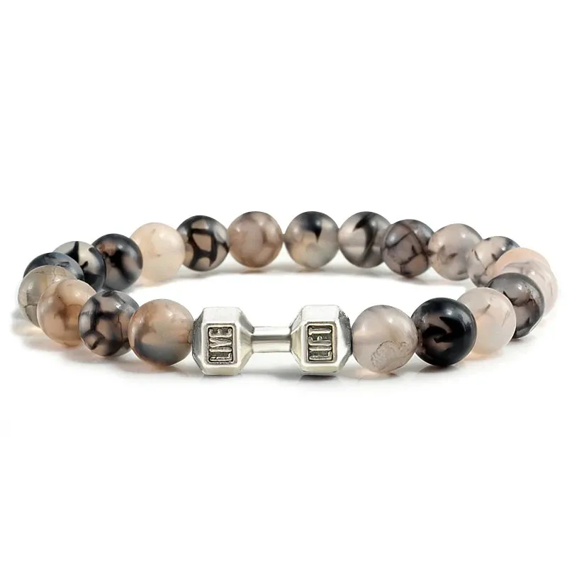 Natural Volcanic Stone Bracelet Men Matte Black Lava White Beads Fitness Jewelry