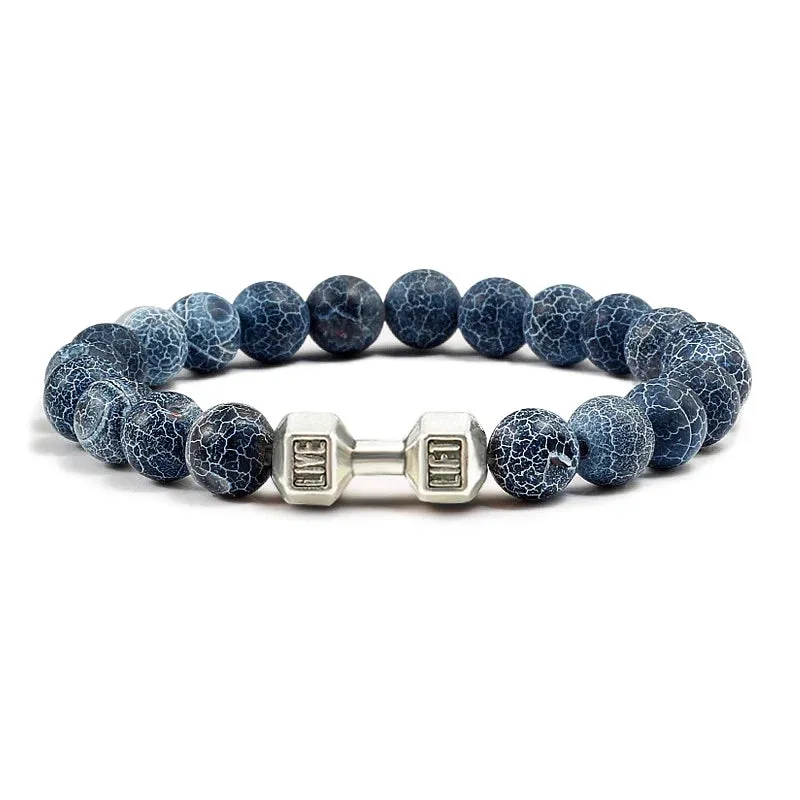 Natural Volcanic Stone Bracelet Men Matte Black Lava White Beads Fitness Jewelry