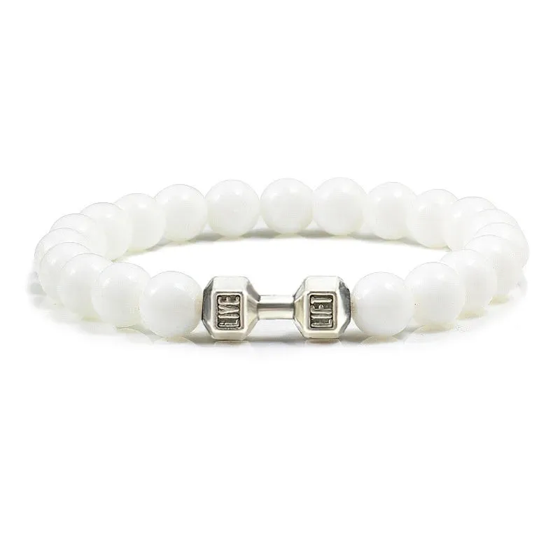 Natural Volcanic Stone Bracelet Men Matte Black Lava White Beads Fitness Jewelry
