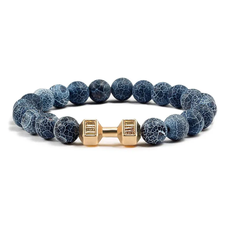 Natural Volcanic Stone Bracelet Men Matte Black Lava White Beads Fitness Jewelry
