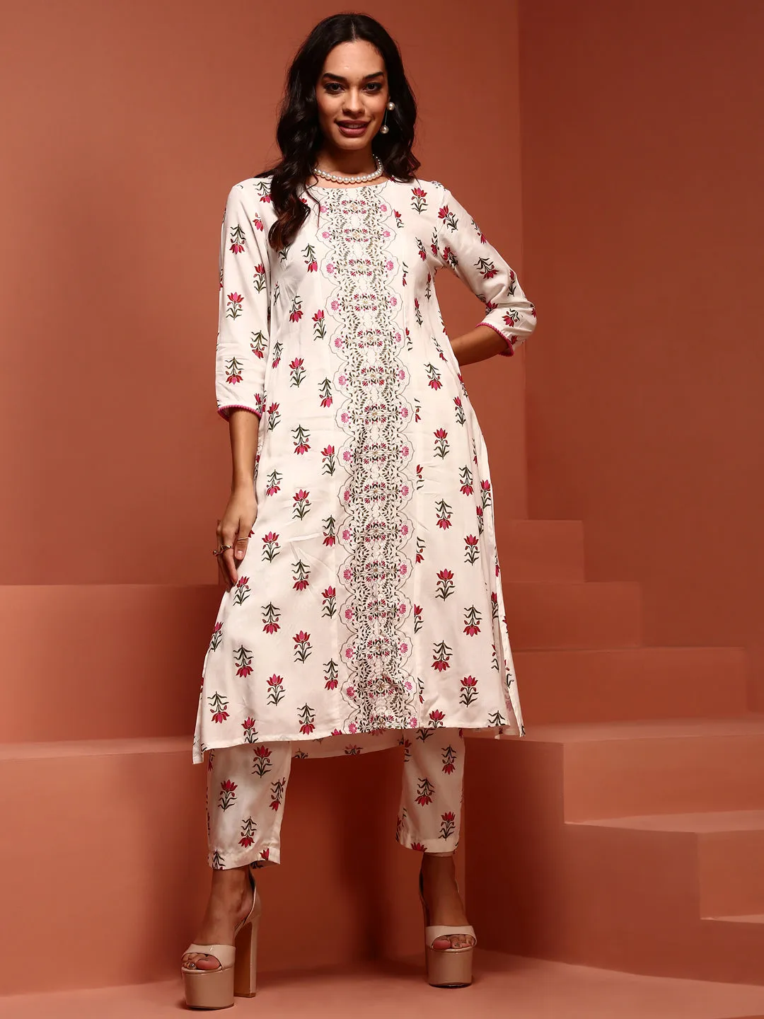 Off-white Printed A-line Kurta Set