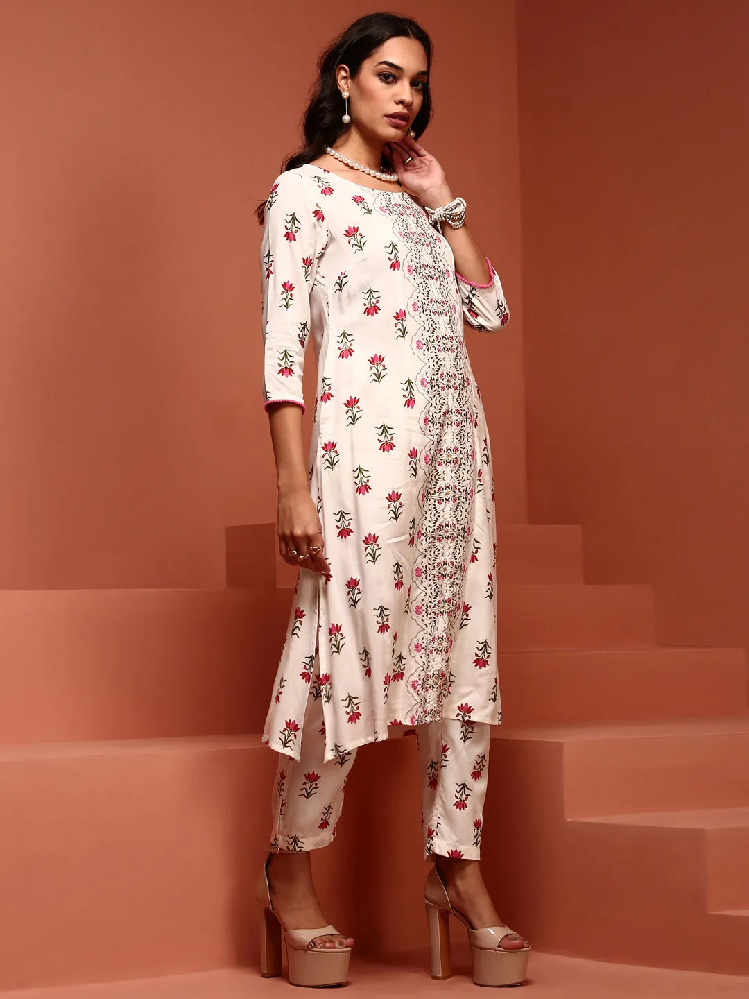 Off-white Printed A-line Kurta Set