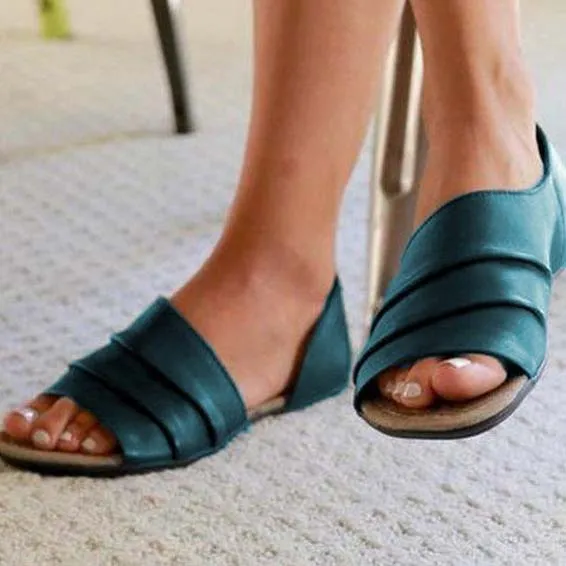 Peep Toe Flat Leather Sandals