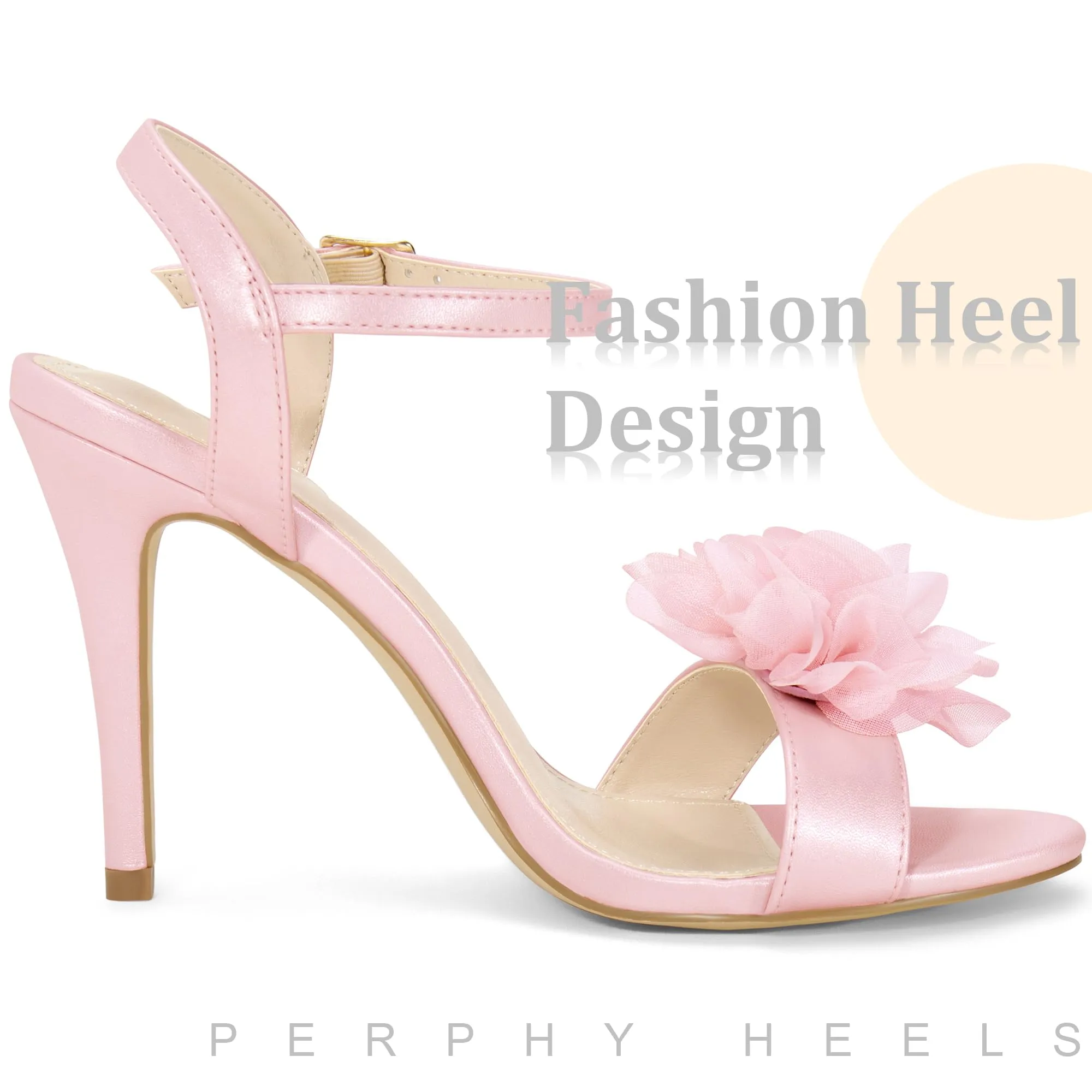 Perphy Flower Open Toe Ankle Strap Stiletto Heel Light Pink Heel Sandals for Women 7 M US