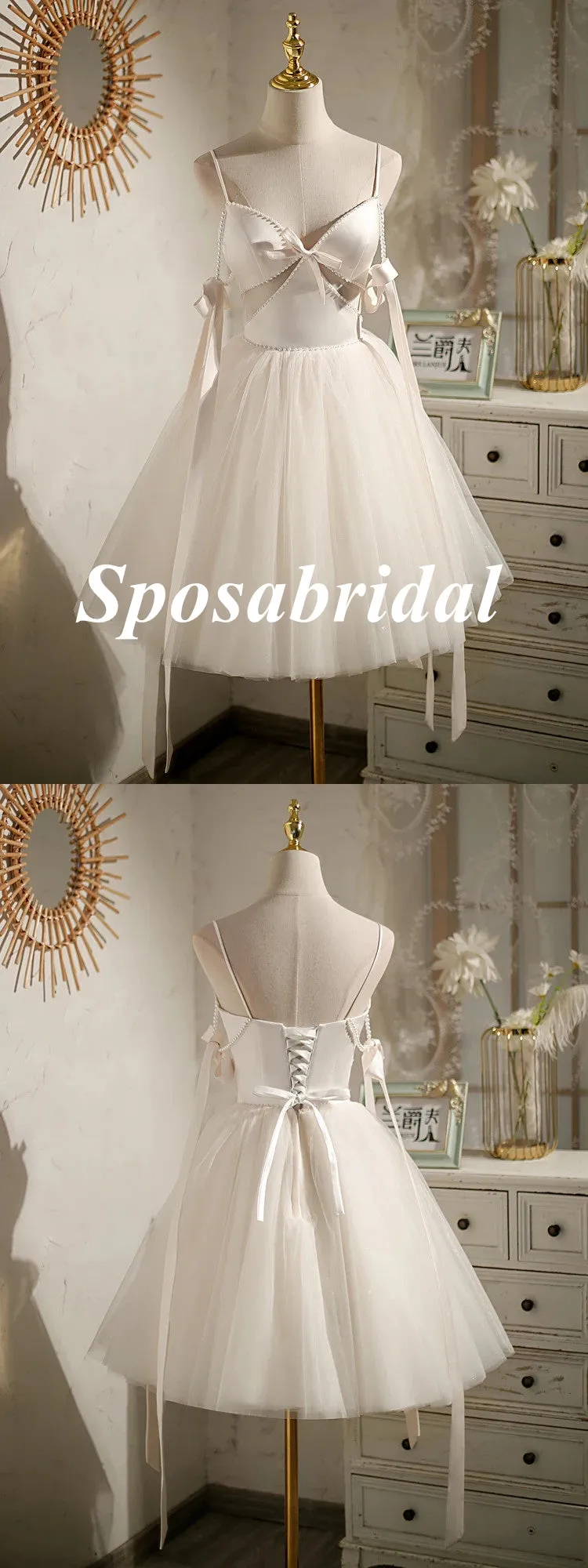 Sexy White Satin Spaghetti Straps V-Neck A-Line Mini Dresses/ Homecoming Dresses With Beading, PD3570