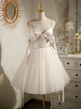 Sexy White Satin Spaghetti Straps V-Neck A-Line Mini Dresses/ Homecoming Dresses With Beading, PD3570