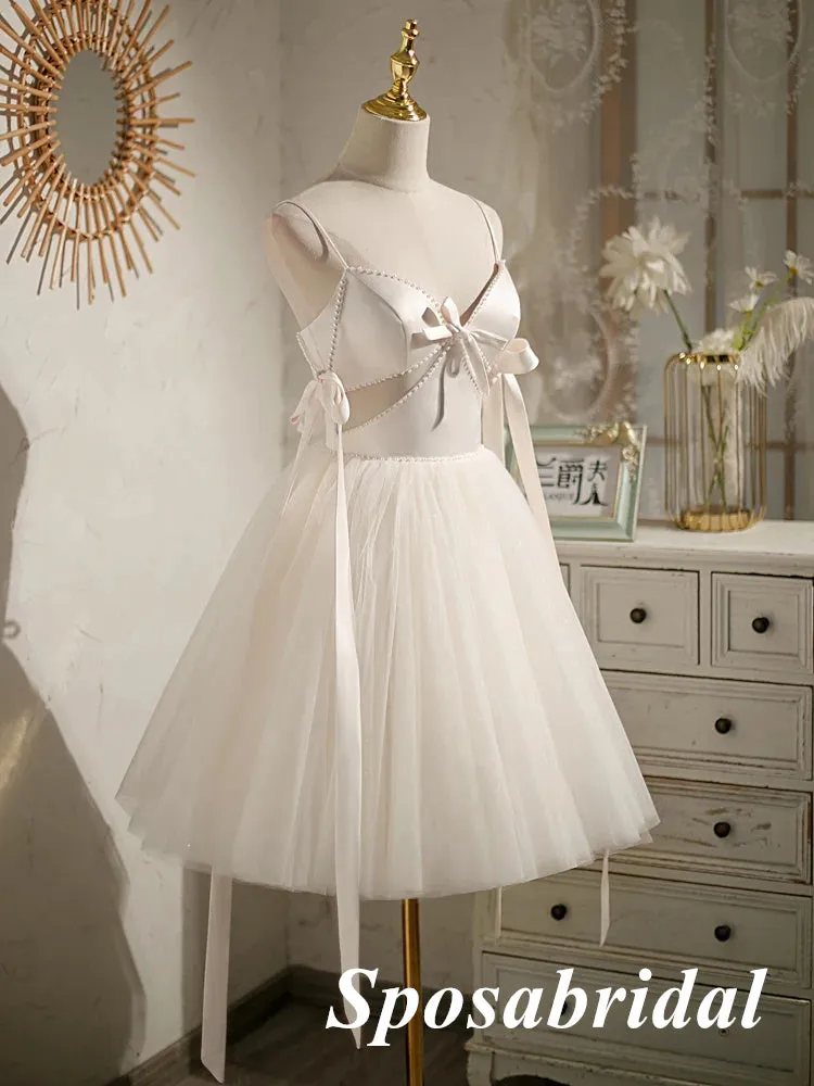 Sexy White Satin Spaghetti Straps V-Neck A-Line Mini Dresses/ Homecoming Dresses With Beading, PD3570