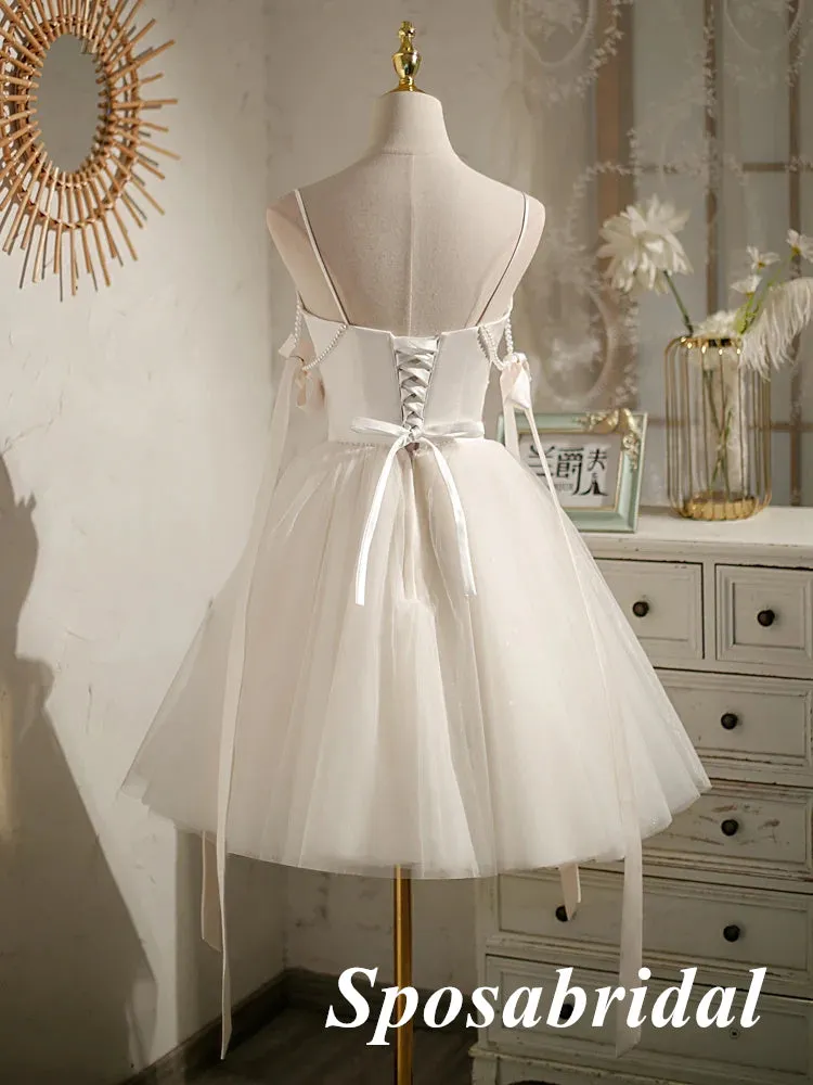 Sexy White Satin Spaghetti Straps V-Neck A-Line Mini Dresses/ Homecoming Dresses With Beading, PD3570
