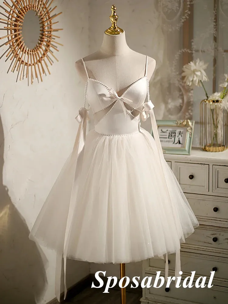 Sexy White Satin Spaghetti Straps V-Neck A-Line Mini Dresses/ Homecoming Dresses With Beading, PD3570